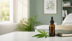 Frasco de óleo de cannabis medicinal em ambiente clínico acolhedor.
