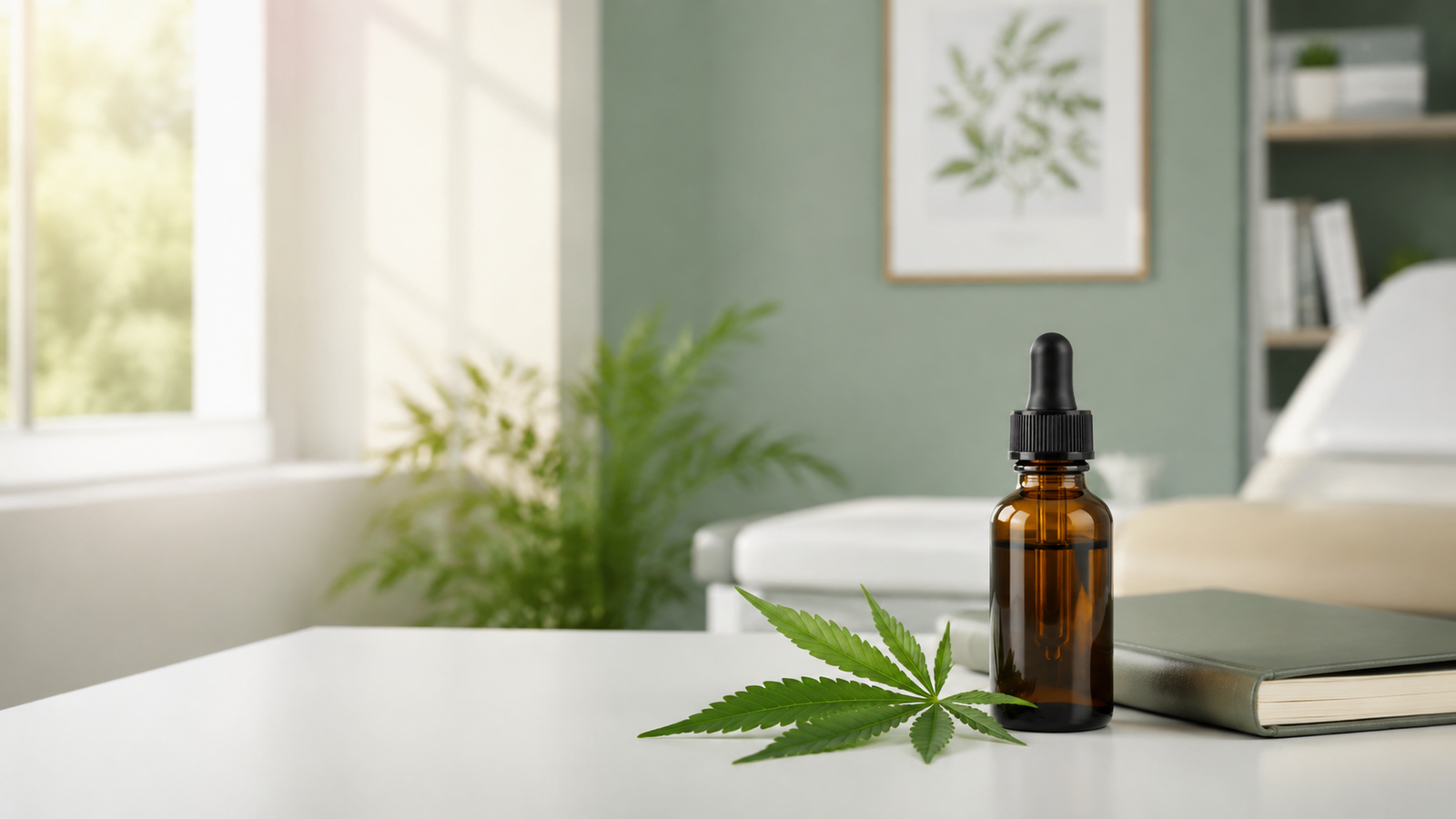Frasco de óleo de cannabis medicinal em ambiente clínico acolhedor.